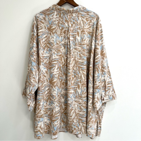 Catherine’s linen button front top 3/4 length sleeves tan blue leaf print 6X - Picture 3 of 11